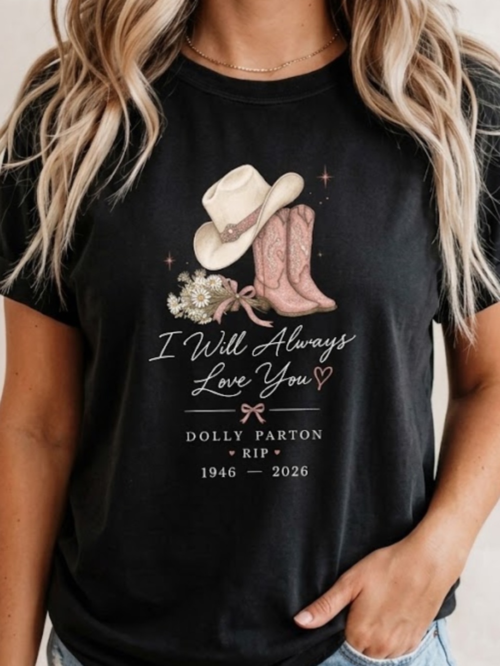 Dolly Parton Memorial Graphic T-Shirt Western Cowboy Boots Tee